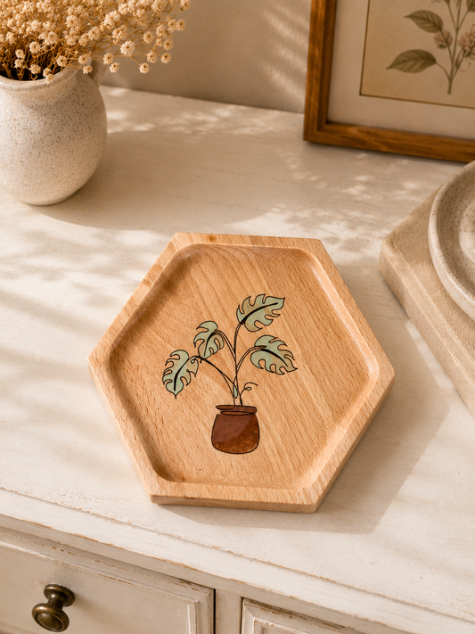 Portagioie Monstera in Legno di Faggio Artigianale | Handmade Wooden Jewelry Dish | Svuotatasche Botanico
