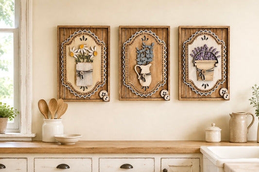 Set di 3 Quadri Botanici Shabby Country in Legno Dipinti a Mano | Set of 3 Hand-Painted Wooden Botanical Wall Panels