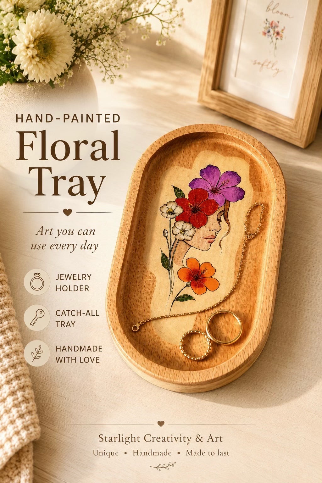 Vassoio Portagioie in Legno Dipinto a Mano | Hand Painted Wooden Jewelry Tray