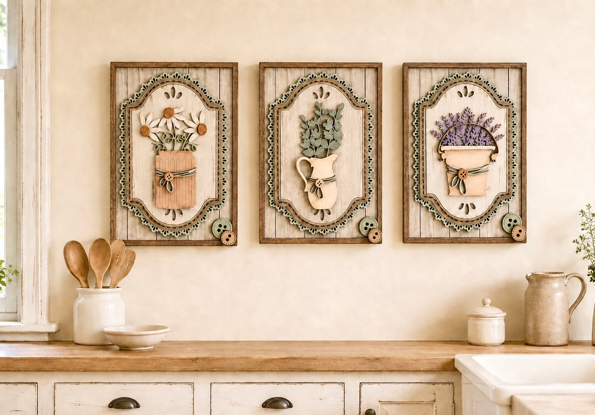 Set di 3 Quadri Botanici Shabby Country in Legno Dipinti a Mano | Set of 3 Hand-Painted Wooden Botanical Wall Panels