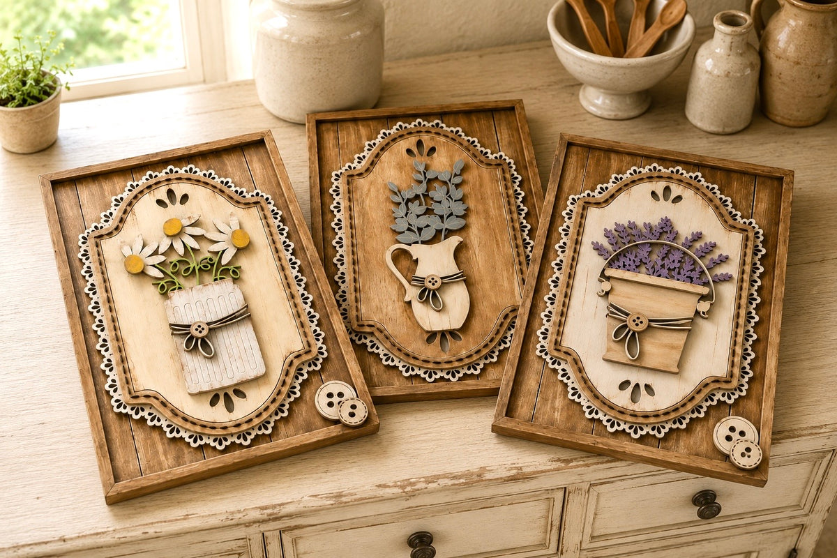 Set di 3 Quadri Botanici Shabby Country in Legno Dipinti a Mano | Set of 3 Hand-Painted Wooden Botanical Wall Panels