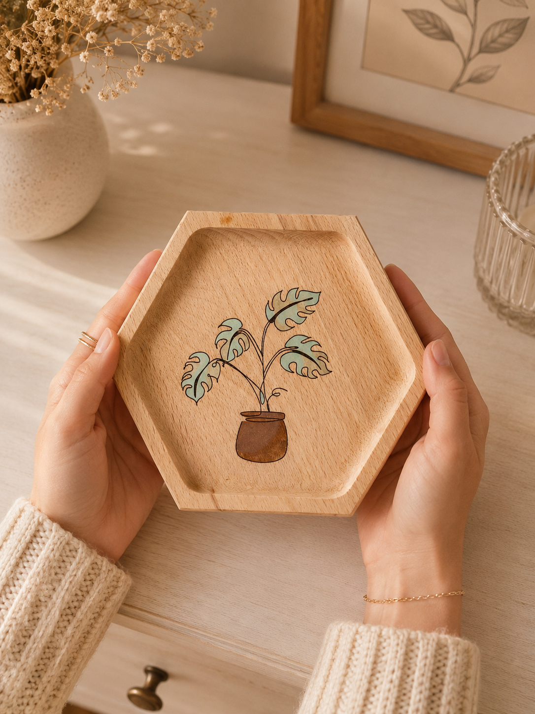 Portagioie Monstera in Legno di Faggio Artigianale | Handmade Wooden Jewelry Dish | Svuotatasche Botanico