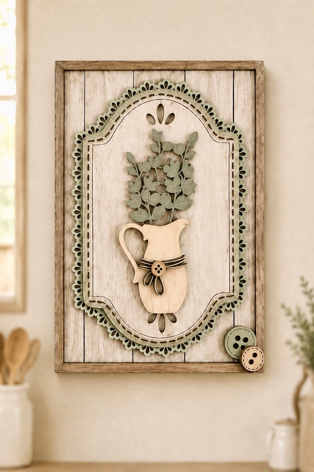 Set di 3 Quadri Botanici Shabby Country in Legno Dipinti a Mano | Set of 3 Hand-Painted Wooden Botanical Wall Panels