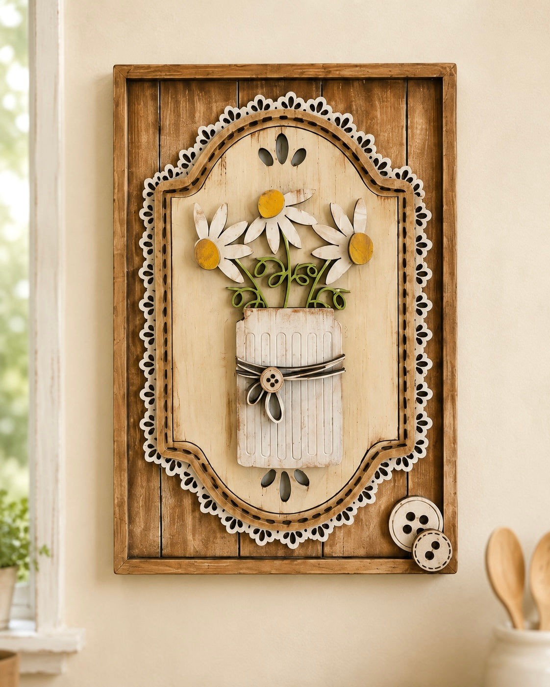 Set di 3 Quadri Botanici Shabby Country in Legno Dipinti a Mano | Set of 3 Hand-Painted Wooden Botanical Wall Panels