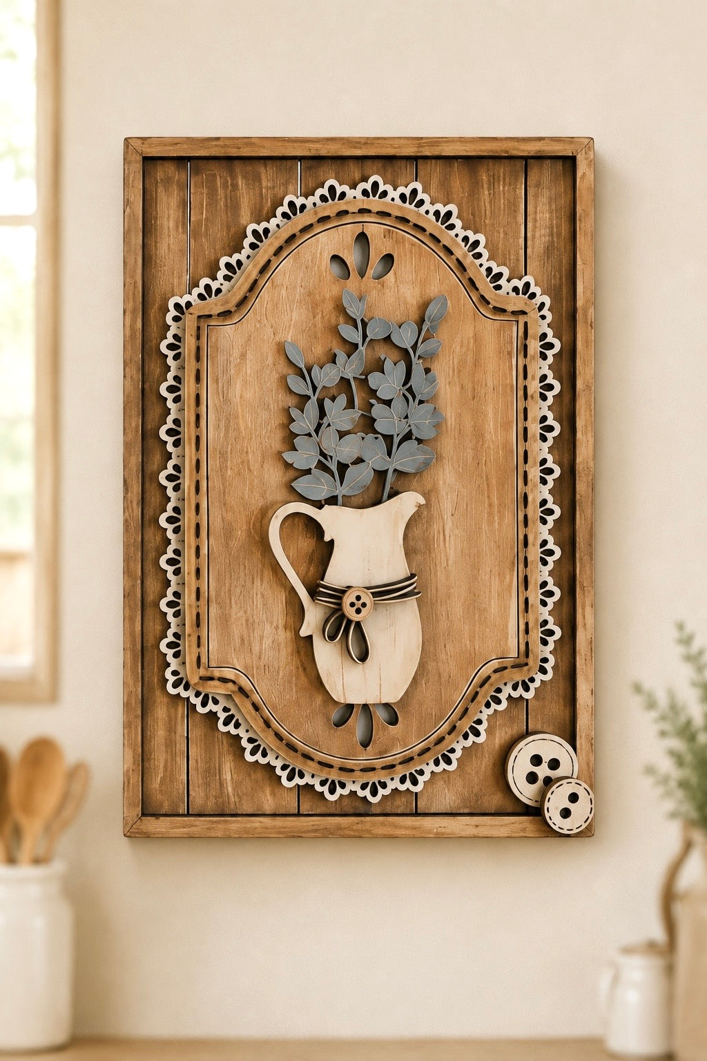 Set di 3 Quadri Botanici Shabby Country in Legno Dipinti a Mano | Set of 3 Hand-Painted Wooden Botanical Wall Panels
