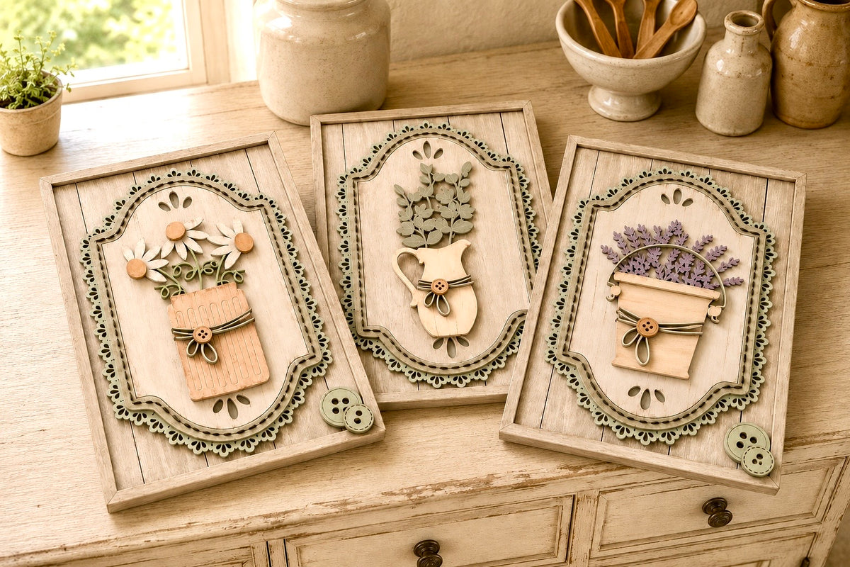 Set di 3 Quadri Botanici Shabby Country in Legno Dipinti a Mano | Set of 3 Hand-Painted Wooden Botanical Wall Panels