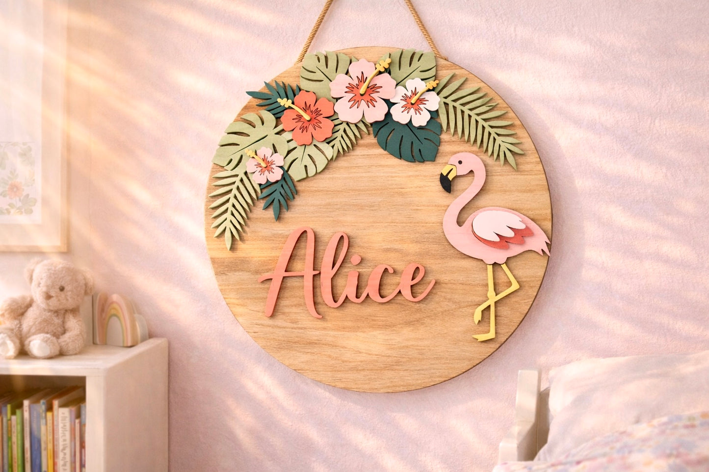 Targa Nome Fenicottero Personalizzata | Personalized Flamingo Wooden Sign