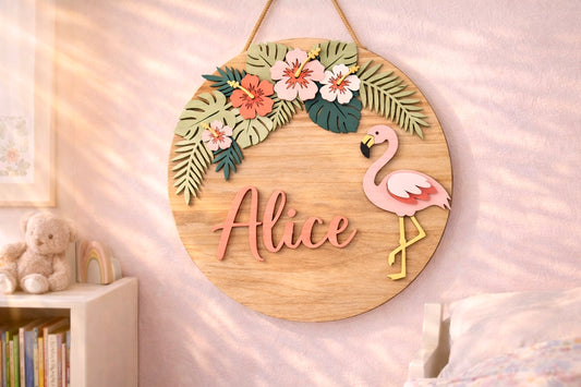 Targa Nome Fenicottero Personalizzata | Personalized Flamingo Wooden Sign