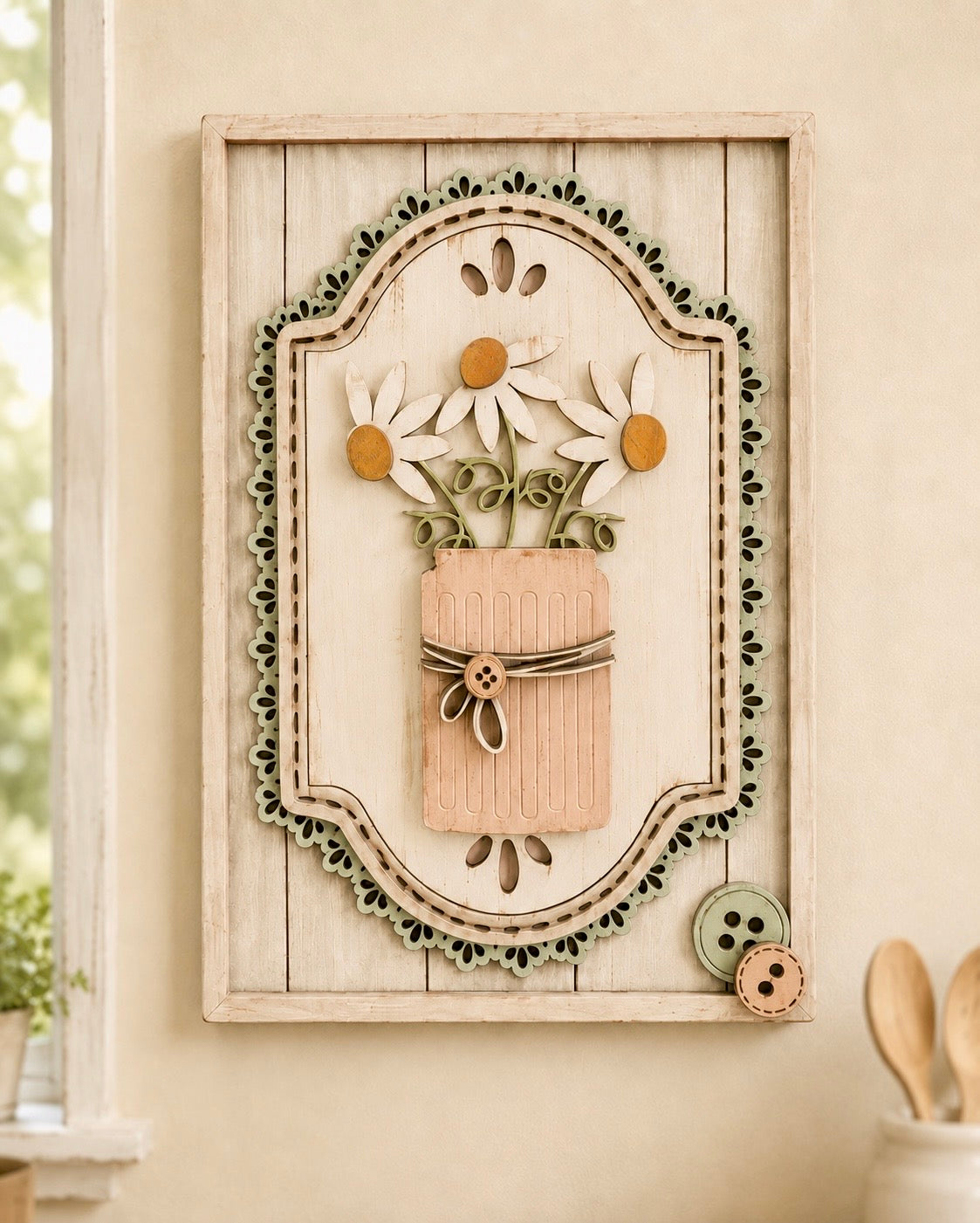 Set di 3 Quadri Botanici Shabby Country in Legno Dipinti a Mano | Set of 3 Hand-Painted Wooden Botanical Wall Panels